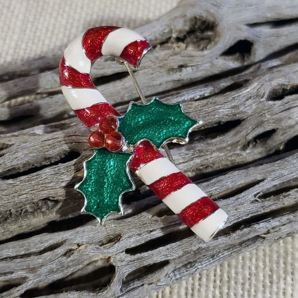 Y2K 90s Christmas Red White Candy Cane Holly Silver Enamel Sweater Pin Brooch